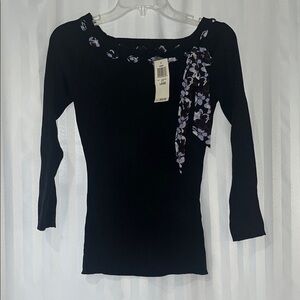 NWT INC Black Ribbed Fitted Top w/Purple Ribbon Accent Woven Into Neckline w/Bow